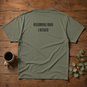 Green t-shirt with text 'BECOMING WHO I NEEDED' on a wooden surface with a cup and leaves.