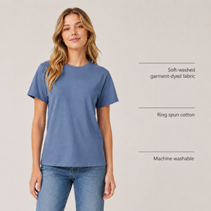 Woman wearing a blue t-shirt with text on fabric type, material, and washability.